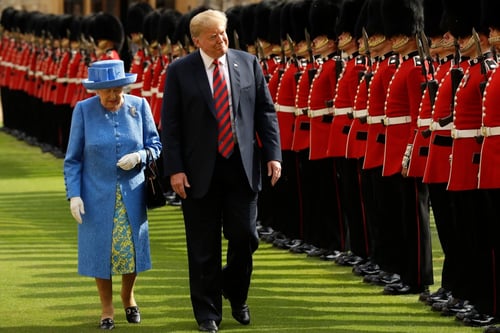 Donald Trump standing in front of the queen